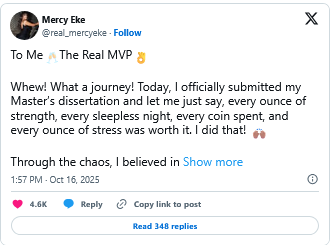 Screenshot 2025 10 17 at 06 06 19 mercy eke celebrates completion of master's degree in uk “this wasn’t luck but pure brilliance” legit.ng