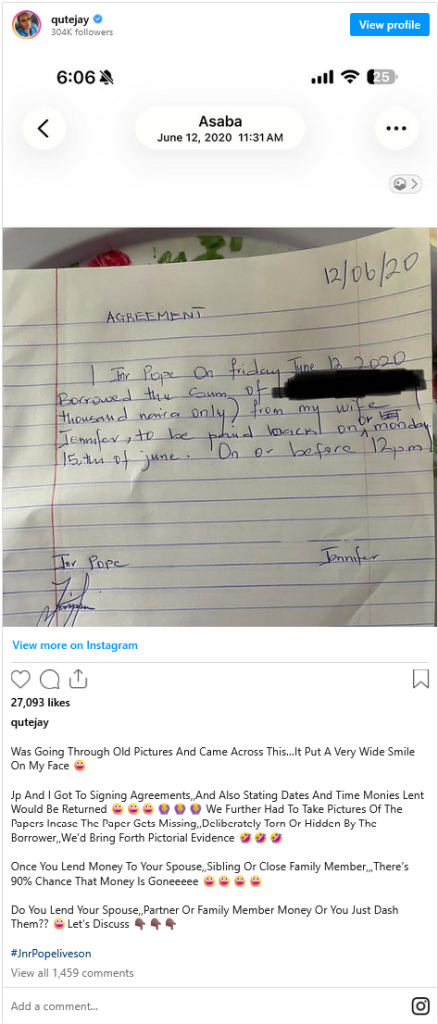 Screenshot 2025 10 29 at 21 05 08 late junior pope’s wife jennifer shares funny note he wrote to borrow money from her